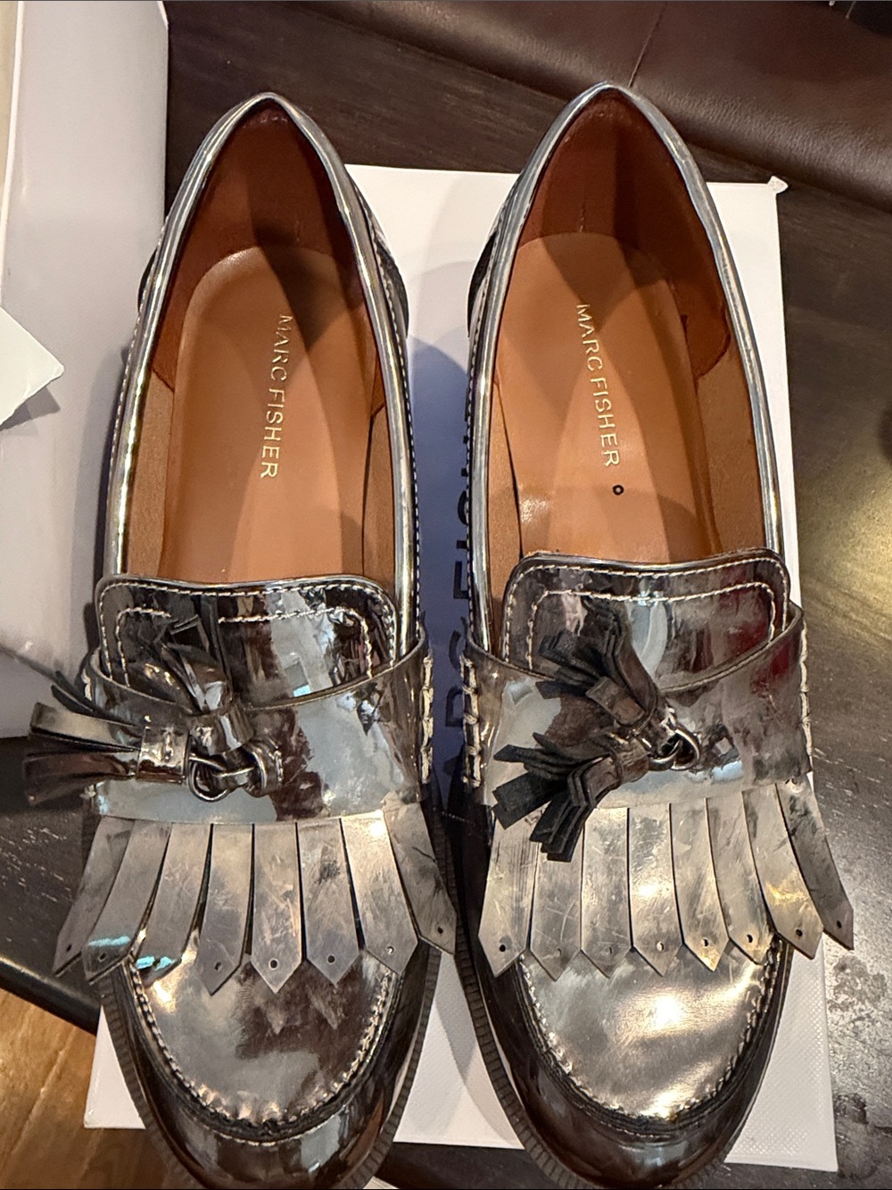 Marc Fisher Metallic Silver Tassel Fringe Loafers